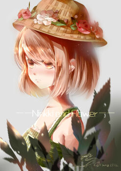 Rule 34 | absurdres, bare shoulders, bob cut, brown eyes, brown hair, brown hat, chinese commentary, closed mouth, collarbone, commentary request, dated, dot nose, dress, english text, expressionless, eyelashes, flower, green dress, grey background, hair between eyes, hat, hat flower, highres, lace, lace-trimmed dress, lace trim, leaf, light blush, light frown, light particles, mixed-language commentary, muriel miaoke, nikki (series), plaid clothes, plaid dress, red flower, red rose, rose, shining nikki, short hair, signature, sleeveless, sleeveless dress, straw hat, stylist (nikki), swept bangs, title, white flower