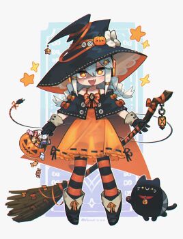 absurdres alternate_color broom cable cable_tail candy cat digitan_(porforever) electric_plug electric_plug_tail food halloween_bucket hat highres mechanical_tail off_shoulder original porforever pumpkin robot_ears snail socks star-shaped_pupils star_(symbol) striped_clothes striped_socks symbol-shaped_pupils tail white_hair witch_hat