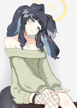 1girl animal_ears black_hair blue_archive blue_eyes daru_(851daru) dog_ears dog_girl engineering_department_(blue_archive) fishnet_pantyhose fishnet_thighhighs fishnets grey_background hibiki_(blue_archive) highres long_hair looking_at_viewer pantyhose simple_background solo thighhighs white_background