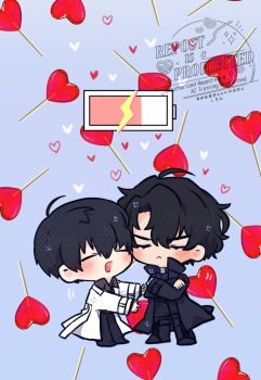 2boys :&lt; ahoge battery_indicator black_coat black_hair black_shirt blush coat collared_shirt commentary crossed_arms double-parted_bangs english_commentary full_body hair_between_eyes highres kim_dokja kimidori_22 male_focus multiple_boys omniscient_reader&#039;s_viewpoint open_clothes open_coat outstretched_arms popped_collar reaching reaching_towards_another shirt short_hair white_coat yoo_joonghyuk