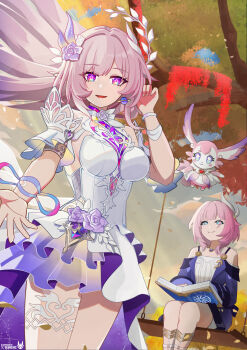 absurdres as_i&#039;ve_written_(honkai:_star_rail) bare_shoulders blue_eyes breasts coat commentary_request cyrene_(aedes_elysiae)_(honkai:_star_rail) cyrene_(honkai:_star_rail) cyrene_(ripples_of_past_reverie)_(honkai:_star_rail) diamond-shaped_pupils diamond_(shape) dress dual_persona earrings flower hair_flower hair_ornament halo highres honkai:_star_rail honkai_(series) jewelry knightfury large_breasts long_hair looking_at_viewer mem_(honkai:_star_rail) multicolored_hair necklace on_swing outdoors pink_hair purple_coat purple_eyes reaching reaching_towards_viewer short_hair small_breasts smile star-shaped_pupils star_(symbol) swing symbol-shaped_pupils thighs tree two-tone_hair very_long_hair white_dress white_hair