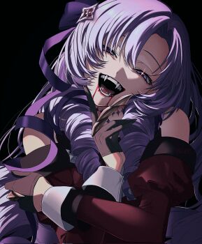 00_00mare 1girl black_background black_gloves blood blood_from_mouth claw_ring crazy_smile drill_hair fangs gloves hair_ribbon half-closed_eyes half_gloves head_tilt highres hyakumantenbara_salome hyakumantenbara_salome_(1st_costume) long_hair long_sleeves looking_at_viewer nijisanji open_mouth purple_eyes purple_hair ribbon simple_background sleeve_cuffs smile solo teeth upper_body virtual_youtuber
