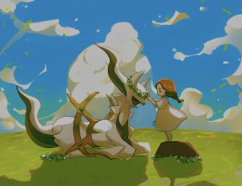 1girl arceus blue_sky brown_hair closed_eyes colored_sclera commentary_request flower_wreath gen_4_pokemon green_sclera head_wreath highres horizon korean_commentary legendary_pokemon lole_pokemon long_hair mythical_pokemon nintendo on_grass original pokemon pokemon_(creature) red_eyes rock sitting sky standing tail