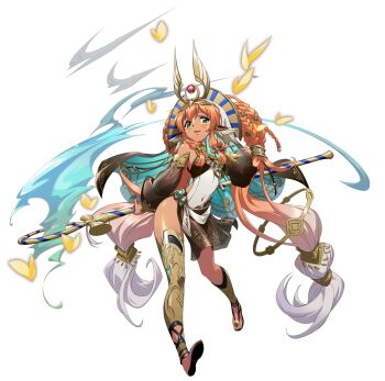 Rule 34 | 1girl, ancient egyptian, ancient egyptian clothes, animal ears, ankh, aqua veil, asymmetrical legwear, bare shoulders, black skirt, black sleeves, black veil, blue veil, braid, breasts, bridal veil, bug, butterfly, covered navel, dark-skinned female, dark skin, detached sleeves, facial mark, floating clothes, floating hair, full body, game cg, gem, gladiator sandals, gradient hair, green eyes, green gem, hair between eyes, hair tubes, headdress, highres, holding, holding ankh, holding behind back, holding own hair, holding staff, insect, langrisser, langrisser mobile, langrisser re:incarnation, long hair, looking at viewer, low-tied long hair, magic, marking on cheek, metal hair tubes, multicolored hair, official alternate costume, official art, open mouth, orange hair, pelvic curtain, polyal (langrisser), puffy detached sleeves, puffy sleeves, sandals, second-party source, see-through clothes, see-through skirt, see-through sleeves, shiny skin, shirt, side slit, sidelocks, simple background, skirt, small breasts, smile, solo, staff, standing, tachi-e, toeless legwear, toes up, transparent background, twintails, two-sided veil, usekh collar, veil, very long hair, waist jewel, white hair, white shirt, yellow butterfly