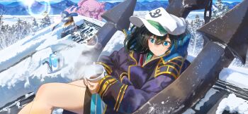 1boy 2girls anchor anchor_symbol artist_request black_hair blue_eyes blue_hair blue_hood boots brown_boots buddhist_nun chain closed_mouth coat cup day gold_trim hat holding holding_cup hood kumoi_ichirin lens_flare long_hair long_sleeves mountainous_horizon mug multiple_girls murasa_minamitsu non-web_source official_art on_roof purple_coat sailor_hat second-party_source shorts sitting smile snow solo_focus steam teapot touhou touhou_gensou_eclipse tree unzan white_hat white_shorts