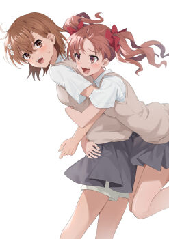 2girls :d absurdres asymmetrical_bangs bow brown_eyes brown_hair brown_sweater_vest ci31205 collared_shirt commentary_request from_side grey_skirt hair_between_eyes hair_bow hair_ornament hairpin highres hug hug_from_behind long_hair medium_hair miniskirt misaka_mikoto multiple_girls open_mouth pleated_skirt red_bow school_uniform shirai_kuroko shirt short_sleeves shorts shorts_under_skirt skirt smile summer_uniform sweater_vest toaru_kagaku_no_railgun toaru_majutsu_no_index tokiwadai_school_uniform twintails v-neck white_background white_shirt yuri