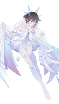 1boy alicevseliet arms_up asymmetrical_legwear bare_shoulders barefoot bow brown_hair closed_eyes collarbone columbina_(genshin_impact) commentary crossdressing crossdressing_(mtf) english_commentary eye_mask full_body genderswap genderswap_(ftm) genshin_impact head_wings highres male_focus mask ribbon signature smile solo uneven_legwear veil white_bow white_ribbon white_theme wings