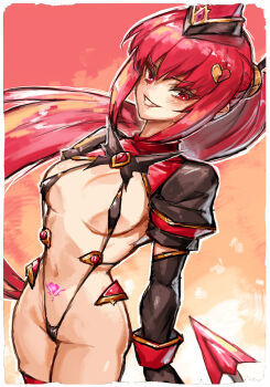 1girl alternate_costume asamiya_minami black_gloves black_shrug blush border corruption cosplay cowboy_shot dark_persona elbow_gloves evil_grin evil_smile garrison_cap gloves grin hair_ornament hat heart heart_hair_ornament highres jewelry knight_ignis long_hair looking_at_viewer magical_girl multicolored_shrug no_pants no_wings ponytail pubic_tattoo red_eyes red_hair red_shrug revealing_clothes shrug_(clothing) sketch slave_gear slave_ignis slave_ignis_(cosplay) slingshot_swimsuit smile solo swimsuit tail tattoo ts_magical_girl_nao two-tone_shrug very_long_hair white_border