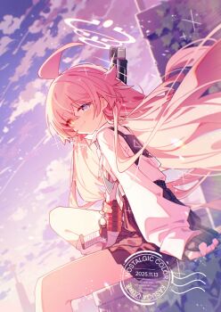 1girl ahoge beretta_1301 black_gloves black_skirt blue_archive blue_eyes blush closed_mouth cloud commentary dated day fingerless_gloves foot_out_of_frame gloves gun hair_between_eyes halo heterochromia highres holding holding_gun holding_weapon hoshino_(blue_archive) kasuga_haruhi long_hair long_sleeves looking_at_viewer outdoors pink_hair pink_halo pleated_skirt shirt shotgun sitting skirt smile solo watermark weapon white_shirt yellow_eyes