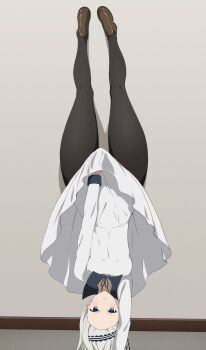 1girl black_hairband black_pantyhose blue_eyes blush breasts brown_footwear collared_dress coro_fae dress hairband handstand highres kaguya-sama_wa_kokurasetai_~tensai-tachi_no_renai_zunousen~ long_hair long_sleeves looking_at_viewer lycoris_challenge_(meme) lycoris_recoil medium_breasts meme pantyhose parody pleated_dress scene_reference school_uniform shirogane_kei shuuchiin_academy_school_uniform thick_thighs thighs upside-down white_dress white_hair