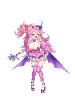 Rule 34 | 1girl, ahoge, bettle (b s a n), blue hair, bow, bowtie, breasts, cleavage, full body, hair bow, hair ornament, hairband, hand up, heart, heart hair ornament, holding, holding wand, large breasts, long hair, magical girl, manami aizawa, multicolored hair, official art, pink hair, pink shoes, pink thighhighs, purple bow, shoes, simple background, solo, streaked hair, thighhighs, vlife, wand, white background, white bow, white bowtie