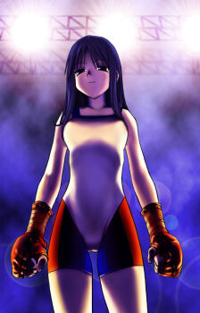 1girl a1_(initial-g) archived_source backlighting bare_shoulders bike_shorts_under_leotard black_shorts blue_background blue_eyes blue_hair breasts closed_mouth collarbone commentary_request cowboy_shot fingerless_gloves gloves grappler kurusugawa_ayaka leaf_(studio) lens_flare leotard lightning_glare long_hair looking_at_viewer medium_breasts mma_gloves red_gloves red_shorts shorts smile solo spotlight stage_lights straight_hair to_heart to_heart_(series) two-tone_shorts white_leotard wrestler