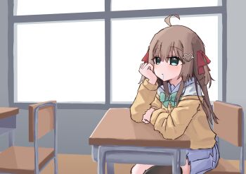 Rule 34 | 1girl, absurdres, ahoge, black thighhighs, blue eyes, blue sailor collar, blue skirt, bow, bowtie, brown hair, cardigan, chair, closed mouth, commentary, cowboy shot, drooling, english commentary, from side, green bow, green bowtie, hair ornament, hair ribbon, heart, heart hair ornament, highres, indoors, long hair, long sleeves, neuro-sama, nonnz18, off-shoulder cardigan, red ribbon, ribbon, sailor collar, shirt, single thighhigh, sitting, skirt, solo, table, thighhighs, two side up, vedal ai, virtual youtuber, white shirt, window, yellow cardigan