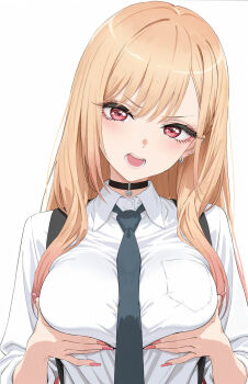 annoyed blonde_hair breasts choker ear_piercing grabbing_own_breast gyaru highres kareha_sub kitagawa_marin long_hair looking_at_viewer open_mouth piercing pink_nails red_eyes shirt sono_bisque_doll_wa_koi_wo_suru tie upper_body white_background white_shirt