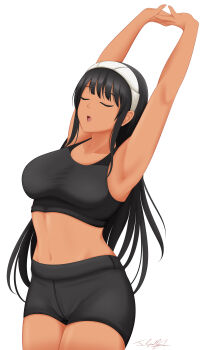 1girl absurdres arms_up black_hair breasts closed_eyes commission commissioner_upload dark_skin exercising highres hunie_(series) huniepop kyanna_delrio large_breasts long_hair neolink077 non-web_source signature stretching workout_clothes