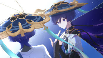 1boy absurdres against_glass aqua_sleeves armor belt black_belt black_bodysuit black_bow black_bridal_gauntlets black_kimono blue_background blue_cape blue_hair blue_hat blue_kimono blunt_ends bodysuit bow bridal_gauntlets cable cape closed_mouth commentary_request crack cracked_glass different_reflection expressionless eyeliner eyeshadow genshin_impact gold gold_ring gradient_background h1n_as hand_on_glass hat highres japanese_armor japanese_clothes jewelry jingasa juban kimono kote kurokote layered_sleeves looking_at_self makeup male_focus mandala mandarin_collar middle_ring multicolored_hair neck_ring open_clothes open_kimono purple_hair purple_pupils red_eyeliner red_eyeshadow red_kimono reflection scaramouche_(genshin_impact) short_sleeves streaked_hair tsurime twitter_username wanderer_(genshin_impact) white_background white_kimono white_sleeves wispy_bangs