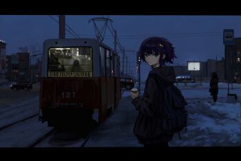 Rule 34 | ad (object), backpack, bag, black hoodie, blue bag, car, cherepovets, city, coffee, commentary request, cup, disposable coffee cup, disposable cup, expressionless, green eyes, grey sky, hair ornament, hairpin, handbag, highres, holding, holding cup, hood, hoodie, jacket, ktm-5, lamppost, looking at viewer, motor vehicle, multicolored hair, original, overhead line, pantograph, photo-referenced, power lines, purple hair, railroad crossing, railroad tracks, real world location, revision, road, road sign, russia, russian text, scenery, shuimo, sign, sky, snow, star (symbol), street, streetcar, traffic light, translated, utility pole, winter