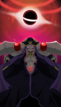 1girl ainz_ooal_gown ainz_ooal_gown_(cosplay) blush breasts cosplay deevious_deevi highres hololive hololive_english jewelry large_breasts long_hair looking_at_viewer multiple_rings navel overlord_(maruyama) pink_hair pink_sky pubic_tattoo purple_rope raora_panthera red_sky ring rope sky solo stomach tattoo virtual_youtuber