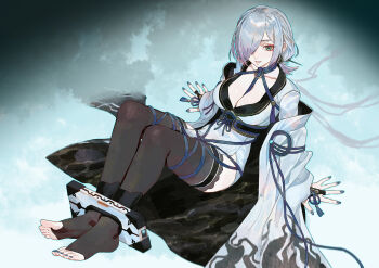 1girl absurdres barefoot black_thighhighs blue_nails bound breasts cleavage earrings eyeshadow gradient_hair green_eyes hair_over_one_eye highres hoop_earrings japanese_clothes jewelry kimono large_breasts looking_at_viewer makeup multicolored_hair ninja_gaiden ninja_ryuuken_den print_kimono red_eyeshadow renxzd restrained seori_(ninja_gaiden) short_hair sitting solo thighhighs toes white_hair white_kimono wide_sleeves