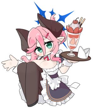 1girl apron black_dress black_shoes blue_archive blush braid breasts brown_pantyhose chibi cleavage closed_mouth commentary_request demon_horns dress food frilled_apron frilled_dress frills fruit green_eyes hair_between_eyes hair_ornament hairclip halo holding holding_tray horns juri_(blue_archive) juri_(part-time)_(blue_archive) large_breasts looking_at_viewer miranofuudoria pantyhose parfait pink_hair pocky shoes simple_background smile solo strawberry tray white_apron white_background