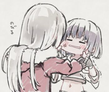 2girls anger_vein bare_shoulders black_gloves black_hair blush cheeks closed_mouth collarbone fingerless_gloves frima_(nikke) fur_collar gloves goddess_of_victory:_nikke grey_hair highres jacket kureudon long_hair milk_(nikke) multiple_girls navel off-shoulder_shirt off_shoulder red_jacket shirt short_hair white_shirt