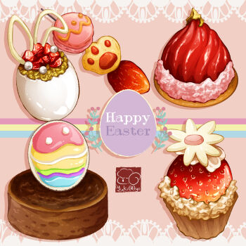 Rule 34 | artist name, cake, commentary, dessert, easter egg, egg, english commentary, english text, food, food focus, fruit, happy easter, highres, no humans, original, paw print, strawberry, yuki00yo