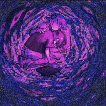 2boys 9twoeight aged_down basil_(faraway)_(omori) basil_(omori) faceless faceless_male film_grain flower hair_flower hair_ornament hand_on_another's_back heavy_film_grain highres male_focus monochrome multiple_boys omori photo_(object) purple_theme scene_reference scrapbook seiza shirt short_hair short_sleeves shorts sidelocks sitting socks something_(omori) spoilers sunny_(omori) t-shirt