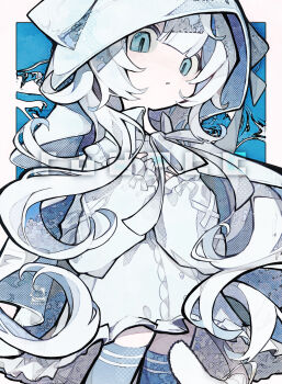 Rule 34 | 1girl, absurdres, blue background, blue eyes, border, bow, commentary, commission, cross-laced clothes, cross-laced sleeves, dress, expressionless, grey ribbon, halftone, halftone background, hands on own chest, highres, hood, hood up, long hair, long sleeves, looking at viewer, neck ribbon, original, outside border, parted lips, puffy long sleeves, puffy sleeves, ribbon, sample watermark, skeb commission, sleeves past wrists, solo, soresaki, very long hair, watermark, white border, white bow, white dress, white hair, white hood, white ribbon