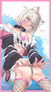 1girl :3 absurdres animal_collar animal_ears bandaid bandaid_hair_ornament belt black_collar black_jacket blonde_hair blue_eyes breasts collar commentary cropped_jacket cropped_shirt crossed_bangs dog_ears dog_girl double-parted_bangs fake_horns fishnet_socks fishnets fur-trimmed_jacket fur_trim hair_between_eyes hair_intakes hair_ornament hairband head_tilt headphones highres holding holding_headphones hololive hololive_english horn_hairband horns jacket kneehighs littleling looking_at_viewer mococo_abyssgard mococo_abyssgard_(1st_costume) multicolored_hair off-shoulder_shirt off_shoulder pink_belt pink_hairband pink_streaks print_shirt shirt short_hair short_shorts shorts sitting small_breasts socks solo spiked_collar spikes streaked_hair two_side_up virtual_youtuber white_shirt white_shorts x_hair_ornament