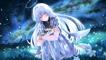 1girl absurdres ayloss blush breasts closed_mouth colored_eyelashes commentary dress earrings feet_out_of_frame grey_hair halo highres jacket jewelry knees_up long_hair looking_at_viewer mornye_(wuthering_waves) multiple_rings nebula night outdoors purple_dress red_eyes ring sitting sky small_breasts smile solo star_(sky) starry_sky tacet_mark_(wuthering_waves) triangle_earrings white_jacket wuthering_waves