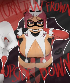 1girl alternate_color black_lips breasts cerebella_(skullgirls) cleavage cosplay cowboy_shot dark-skinned_female dark_skin domino_mask downblouse dress english_text eye_mask eyeshadow facing_viewer forced_smile gloves grin harley_quinn harley_quinn_(cosplay) hat highres huge_breasts leaning_forward lipstick lipstick_mark looking_at_viewer makeup marker mask mirror red_hair reflection reflection_focus skullgirls smile solo thick_thighs thighhighs thighs tillshitposting vice-versa_(skullgirls) wide_hips