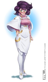 1girl arm_at_side artist_name big_hair boots breasts buttons capelet full_body glasses green_eyes hand_on_own_hip high-waist_skirt high_heel_boots high_heels highres large_breasts long_sleeves medium_breasts medium_skirt mleth nintendo pencil_skirt pink-framed_eyewear pink_sweater pokemon pokemon_sm purple_hair ribbed_sweater short_hair skirt solo sweater turtleneck turtleneck_sweater white_capelet white_skirt wicke_(pokemon)