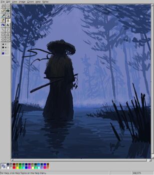 1boy art_program_in_frame blurry christian_young depth_of_field fog forest from_behind ghost_of_tsushima grass hat lake limited_palette microsoft_paint_(medium) microsoft_paint_(software) microsoft_windows nature outdoors painterly ribbon sakai_jin scabbard scenery screencap sheath solo straw_hat tree wading windows_98 windows_classic