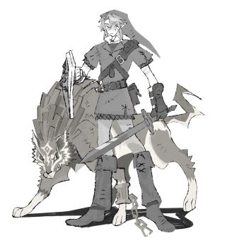 armor boots broken broken_chain chain chainmail clenched_teeth dual_persona fingerless_gloves full_body gloves greyscale hair_between_eyes highres holding holding_shield holding_sword holding_weapon jaysoysaucee link male_focus monochrome nintendo phrygian_cap pointy_ears sharp_teeth shield short_hair sidelocks swept_bangs sword teeth the_legend_of_zelda the_legend_of_zelda:_twilight_princess tunic vambraces weapon white_background wolf wolf_link