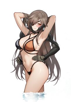 1girl alternate_costume armpits arms_behind_head arms_up art_undertaker bikini bikini_pull black_bikini black_choker blush breasts brown_bikini brown_hair bubble choker closed_mouth clothes_pull commentary cowboy_shot english_commentary eyepatch girls'_frontline girls'_frontline_2:_exilium groza_(girls'_frontline_2) highleg highleg_bikini highres long_hair looking_at_viewer mechanical_arms multicolored_bikini open_fly orange_eyes ots-14_(girls'_frontline) partially_submerged simple_background smile solo spoilers swimsuit two-tone_bikini white_background