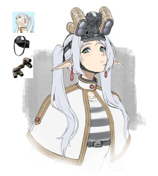 1girl :&lt; blush capelet closed_mouth commentary cropped_arms cropped_torso earrings elf english_commentary frieren green_eyes grey_background highres jewelry kitsune_udon_(qtsuneudon) long_hair looking_at_viewer meme night_vision_device photo_inset pointy_ears reference_inset simple_background solo sousou_no_frieren twintails upward_angle_frieren_drawing_(meme) white_background white_capelet white_hair