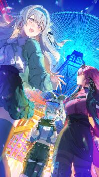 3girls absurdres alternate_costume black_gloves black_hairband black_jacket black_pantyhose black_thighhighs boots closed_mouth commentary_request cosmo_clock_21 crossed_bangs ferris_wheel fingerless_gloves firefly_(honkai:_star_rail) gloves goggles goggles_on_head grey_hair guest_art hair_between_eyes hair_ornament hairband highres honkai:_star_rail honkai_(series) jacket kafka_(honkai:_star_rail) long_hair long_sleeves looking_to_the_side looking_up multiple_girls night open_mouth outdoors pantyhose partially_open_jacket ponytail purple_hair purple_sweater round_eyewear shirt silver_wolf_(honkai:_star_rail) sky smile sweater teeth thigh_boots thighhighs upper_teeth_only wata_(attaka_towel) white_shirt yokohama