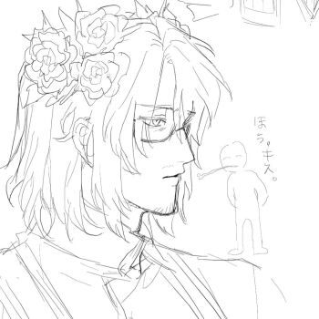 Rule 34 | 1boy, 1other, absurdres, alternate costume, beard stubble, capelet, close-up, closed mouth, crown of thorns, doodle, dress, e.g.o (project moon), expressionless, eyes visible through hair, facial hair, flower, flower wreath, from side, garden of thorns (e.g.o), glasses, gregor (project moon), greyscale, hair flower, hair intakes, hair ornament, hair vines, hairband, half-closed eye, head wreath, highres, jitome, limbus company, lineart, long hair, looking afar, looking ahead, looking at another, looking to the side, male bride, male focus, monochrome, official alternate costume, parted bangs, parted lips, plant, portrait, profile, project moon, rose, sanpaku, sash, semi-rimless eyewear, sidelocks, simple background, sketch, solo focus, stubble, thorns, turtleneck, turtleneck dress, under-rim eyewear, unfinished, upper body, vines, wreath