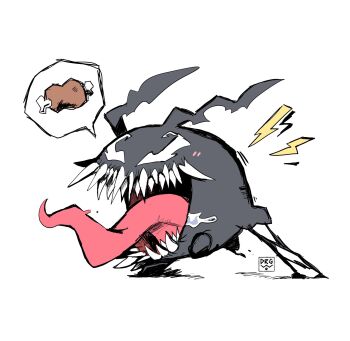 Rule 34 | boned meat, digimon, digimon (creature), dragonwilbert, food, full body, fusion, highres, marvel, meat, sharp teeth, simple background, spoken food, teeth, tokomon, tongue, tongue out, venom (marvel), white background