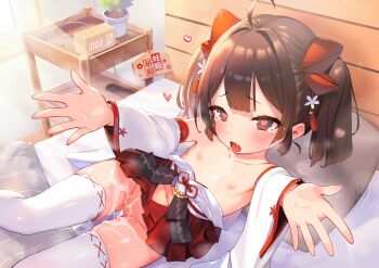 1girl absurdres aftersex ahoge blush bow brown_hair clothes_down clothing_cutout cum cum_in_pussy day detached_sleeves ema flat_chest hair_bow hakama hakama_short_skirt hakama_skirt heart heart-shaped_pupils heavy_breathing henreader highres indoors japanese_clothes loli looking_at_viewer miko navel navel_cutout nipples no_panties non-web_source on_bed open_mouth original pillow pussy reaching reaching_towards_viewer short_hair skindentation skirt solo sunlight sweatdrop symbol-shaped_pupils tassel thighhighs twintails white_thighhighs