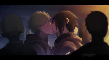 Rule 34 | 2boys, artist name, black border, black hair, blonde hair, border, closed eyes, commentary, drawstring, english commentary, facial mark, from side, highres, hood, hood down, hoodie, letterboxed, male focus, multiple boys, naruto (series), people, short hair, themidnights0ng, uchiha sasuke, uzumaki naruto, whisker markings, yaoi