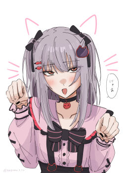 Rule 34 | 1girl, bang dream!, black bow, black bowtie, black choker, black nails, black ribbon, bow, bowtie, brown eyes, center frills, choker, commentary, drawn ears, drawn whiskers, frills, hair ornament, hair ribbon, hairclip, highres, jirai kei, minato yukina, nagomu 7 56, nail polish, open mouth, paw pose, pink shirt, ribbon, shirt, simple background, solo, upper body, wings