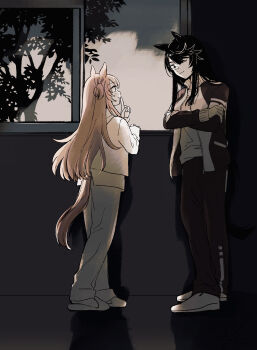 Rule 34 | 2girls, absurdres, animal ears, bandaid, bandaid on face, bandaid on nose, black hair, closed mouth, commentary request, crossed arms, finger to mouth, grey pants, height difference, highres, horse ears, horse girl, horse tail, indoors, jacket, long hair, long sleeves, looking at another, mayano top gun (umamusume), multiple girls, narita brian (umamusume), night, orange hair, pants, red jacket, red pants, shoes, shushing, slippers, smile, standing, tail, tracen training uniform, track jacket, track pants, tree, umamusume, white shoes, white slippers, window, yellow jacket, yonu (yonurime)