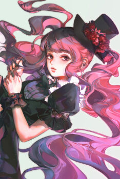 1girl black_dress black_hat blunt_bangs closed_mouth commentary dress eyeshadow flower frilled_wristband hat hat_flower highres looking_at_viewer makeup mascara one_piece panngam9 perona pink_hair puffy_short_sleeves puffy_sleeves short_sleeves sidelocks solo twintails twitter_username
