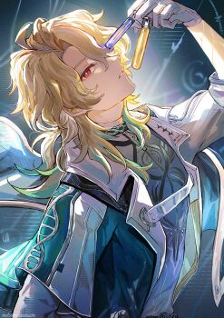 1boy aqua_coat arm_up artist_name blonde_hair blue_shirt bright_pupils coat commentary english_commentary gloves holding holding_test_tube long_hair looking_at_viewer luuk_herssen_(wuthering_waves) male_focus multicolored_coat parted_lips red_eyes redricewine shirt solo test_tube two-tone_coat upper_body white_coat white_gloves white_pupils wuthering_waves