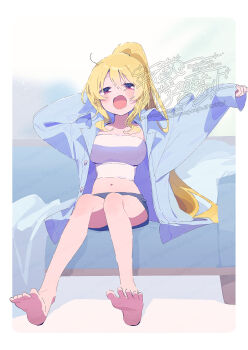 1girl bare_legs barefoot blonde_hair blue_jacket blue_shorts blush border breasts commentary_request crop_top cropped_shirt feet full_body hair_between_eyes highres jacket large_breasts long_hair long_sleeves looking_at_viewer magia_record:_mahou_shoujo_madoka_magica_gaiden mahou_shoujo_madoka_magica midriff navel open_clothes open_jacket open_mouth ponytail red_eyes serizawa_serizane shirt shorts sitting solo toes togame_momoko watermark white_border white_shirt yawning