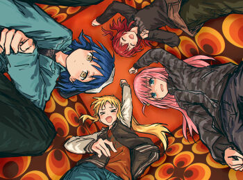 >_< 4girls backwards_hat baseball_cap black_pants black_shirt blonde_hair blue_eyes blue_hair blue_jacket blush bocchi_the_rock! brown_skirt camouflage camouflage_jacket closed_eyes closed_mouth commentary denim elbow_on_knee expressionless floating_hair from_below gotoh_hitori green_pants grey_jacket hair_bobbles hair_ornament hat high_collar highres ijichi_nijika indoors jacket jeans kessoku_band kita_ikuyo letterman_jacket long_hair long_sleeves looking_at_viewer looking_down medium_hair mole mole_under_eye multiple_girls nervous_smile one_side_up open_clothes open_jacket open_mouth pants pants_under_skirt pink_hair raised_fist red_hair red_shirt reference_request shaded_face shirt short_hair side_ponytail skirt sleeves_past_wrists smile squatting yamada_ryo yellow_eyes yukitake_(bullfalk)