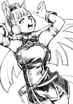 Rule 34 | 1girl, absurdres, animal ears, armband, blunt bangs, bow, bowtie, breasts, commentary request, dress, ear bow, ear covers, ear ribbon, gloves, gold ship (red strife) (umamusume), gold ship (umamusume), hat, highres, horse ears, horse girl, horse tail, horseshoe ornament, long hair, looking at viewer, monochrome, open mouth, pillbox hat, rogro hakaosita, sailor collar, sailor shirt, shirt, smile, solo, striped armband, striped clothes, tail, umamusume