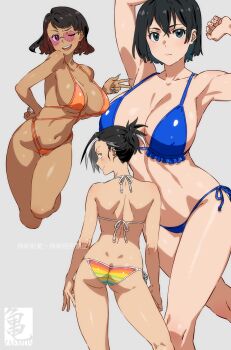 3girls armpits arms_up artist_logo artist_name ass back bikini black_eyes black_hair blue_bikini blush breasts brown_hair cleavage closed_mouth colored_inner_hair commentary_request contrapposto cropped_legs dark-skinned_female dark_skin ear_piercing feet_out_of_frame from_behind grey_background grey_eyes hair_pulled_back highres iwado_anna kamezaemon kasshoku_kyonyuu_megane-san_(kamezaemon) kirisaki_minato large_breasts logo looking_at_viewer looking_back multicolored_hair multiple_girls nail_polish one_eye_closed open_mouth orange_bikini original piercing pink-tinted_eyewear rainbow_bikini short_hair side-tie_bikini_bottom simple_background smile standing string_bikini sunglasses swept_bangs swimsuit teeth thigh_gap tinted_eyewear upper_teeth_only v watermark white_hair white_nails