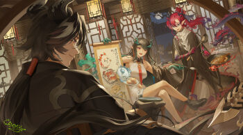 1girl 2boys ;d absurdres architecture arknights bare_legs bare_shoulders black_boots black_coat black_hair boots cammy_(cammy_bilibili) china_dress chinese_clothes chinese_knot chongyue_(arknights) cleavage_cutout clothing_cutout coat colored_extremities dragon dragon_bubble_(arknights) dress dusk_(arknights) earrings east_asian_architecture eastern_dragon gradient_hair hair_ribbon highres holding holding_paintbrush horns jewelry lattice laughing moon mooncake multicolored_hair multiple_boys necktie off_shoulder one_eye_closed open_clothes open_coat open_mouth paintbrush pointy_ears ponytail profile red_eyes red_hair red_necktie ribbon sleeveless sleeveless_dress smile streaked_hair tassel yu_(arknights)